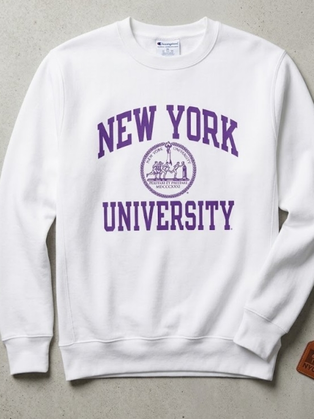 Champion White Crewneck Sweatshirt Purple "New York University" Graphic (Sz M)